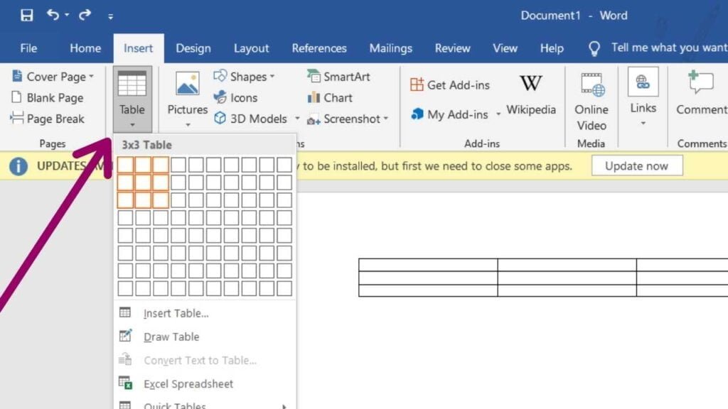 How to create a table in MS word in Hindi 2 click on table